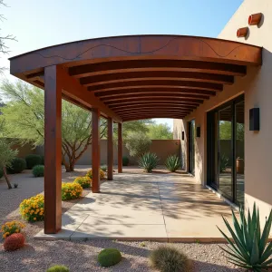 Desert Canyon Light Arch - A curved patio cover inspired by desert slot canyons, featuring weathered Corten steel panels with organic wave patterns cut into them. Desert Marigold, Red Hesperaloe, and Whale's Tongue Agave create a drought-tolerant oasis beneath.