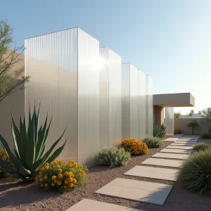 Desert Crystal Formation - Geometric clear acrylic panels arranged like crystal formations provide shelter while casting prismatic shadows. Whale's Tongue Agave and Moroccan Mound create strong architectural forms, while Desert Marigold adds seasonal color.