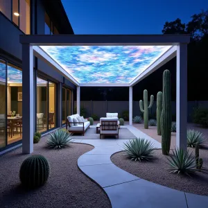 Desert Mirage Hologram Garden - A mesmerizing patio cover combining real and holographic elements, featuring shimmering light patterns that mimic desert heat waves. Living Desert Tower Cactus, Ghost Plant, and Silver Torch Cactus blend seamlessly with holographic specimens, while recycled glass mulch amplifies the ethereal effect.