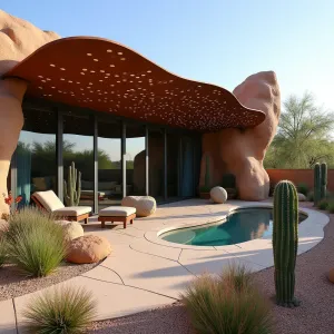 Desert Mirage Shade Structure - A sculptural patio cover inspired by desert rock formations, featuring perforated Corten steel panels creating wave-like shadows. Desert Spoon, Red Hesperaloe, and Mexican Fence Post Cactus create bold architectural elements, while integrated misting systems provide cooling effects.