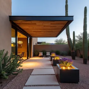 Desert Modern Slatted Escape - An angular slatted patio cover combining weathered steel and bleached teak, creating dramatic shadow patterns. The surrounding desert garden features towering Saguaro cactus, golden barrel cactus, and purple prickly pear, with crushed decomposed granite pathways and illuminated steel planters.