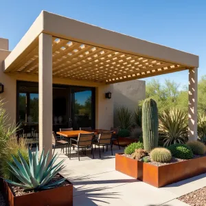 Desert Oasis Lattice Retreat - A premium alumawood patio cover with diagonal lattice patterns creating dynamic shadows, painted in sandy beige. Desert-adapted plants including Blue Glow Agave, Firecracker Penstemon, and Golden Barrel Cactus surround the space in weathered Corten steel planters, with integrated misting system for cooling.