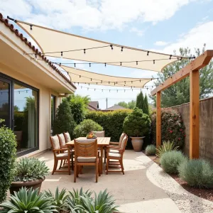 DIY Sail Cloth Canopy - A budget-friendly patio cover made from white sailcloth triangles attached to wooden posts using marine-grade hardware. String lights crisscross underneath, while potted oleander and silver sage create a Mediterranean atmosphere around the edges of a gravel patio.