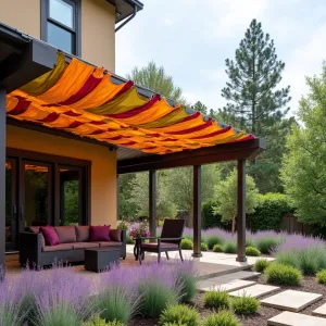 Fabric Strip Woven Cover - A creative patio cover made from weather-resistant fabric strips woven between cables, creating a colorful tapestry effect. Purple fountain grass and Mexican heather add texture at ground level.