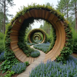 Fibonacci Spiral Shade Structure - A mathematical marvel featuring a spiral-shaped canopy based on the Fibonacci sequence, constructed from weathered cedar and steel cables. Planted with climbing Moon Flower Vine and Cardinal Climber, while Blue Chalk Fingers create spiral patterns below.