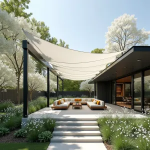 Floating Cloud Canopy - A ethereal patio cover design featuring translucent white fabric panels suspended at varying heights, creating a cloud-like effect. White flowering dogwood trees frame the space, with beds of white echinacea, silver artemisia, and white salvia creating a monochromatic garden scene.