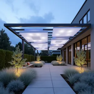 Floating Cloud Light Box - A contemporary patio cover featuring suspended white acrylic boxes of varying sizes, backlit with color-changing LEDs to mimic clouds. White Cloud muhly grass, Silver Mound Artemisia, and Diamond Frost Euphorbia create a misty garden effect below.