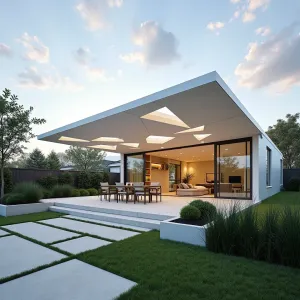 Floating Geometric Panel System - An innovative floating patio cover with overlapping geometric panels in white powder-coated aluminum, creating dynamic shadow patterns. Surrounded by raised beds featuring Japanese Forest Grass and Black Mondo Grass for textural contrast.