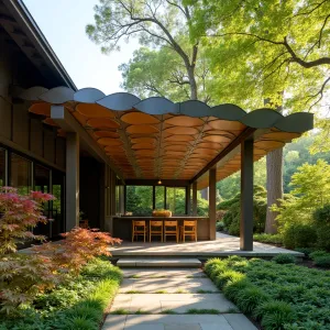 Floating Leaf Canopy - An organic-inspired patio cover featuring overlapping leaf-shaped panels in powder-coated aluminum, creating natural shadow patterns. Japanese Maple trees provide additional shade, while beds of Autumn Fern, Coral Bells, and Japanese Forest Grass create a woodland garden beneath.