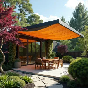 Floating Magnetic Levitation Panels - A revolutionary patio cover utilizing magnetic levitation technology to suspend lightweight carbon fiber panels that adjust position based on sun tracking. Purple Emperor Japanese Maple, Levitating Air Plants, and Flying Dragon Contorted Orange create an otherworldly garden scene below.