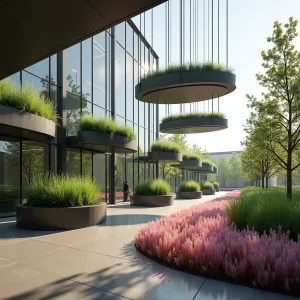 Floating Steel Ring Shelter - Suspended circular steel rings of varying sizes create a floating canopy effect, with clear acrylic panels between rings. Mass plantings of Black Mondo Grass and Silver Falls Dichondra cascade from elevated planters, while Pink Muhly Grass creates a soft pink cloud effect at ground level.