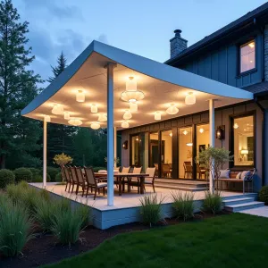 Folded Paper Lantern Shelter - An origami-inspired patio cover featuring white aluminum panels folded in geometric patterns, with integrated LED lighting creating paper lantern effects. Complemented by Cloud Nine Miscanthus, White Birch trees, and Snow-in-Summer ground cover.