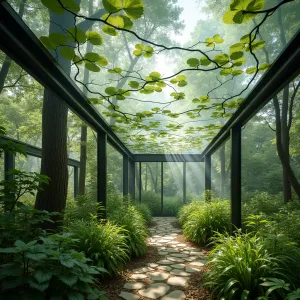 Forest Canopy Glass Ceiling - A leaf-inspired glass ceiling with etched patterns mimicking forest canopy shadows, supported by branch-like steel beams. The garden features Ghost Wood Fern, Toad Lily, and Japanese Forest Grass, creating a woodland atmosphere with dappled shade patterns.