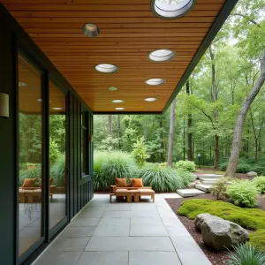 Forest Canopy Light Wells - A nature-inspired patio cover featuring circular light wells cut into weathered cedar planks, mimicking dappled forest light. The woodland garden includes Ghost Fern, Vanilla Twist Heuchera, and Japanese Forest Grass with moss-covered boulders.