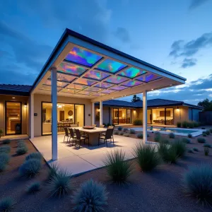 Geometric Crystal Palace - A stunning contemporary patio cover featuring triangular panels of dichroic glass that create rainbow light effects throughout the day. The structure is supported by slim white steel columns surrounded by Silver Sage, Blue Oat Grass, and Sparkler Sedge. Integrated LED strips highlight the prismatic effects at night.