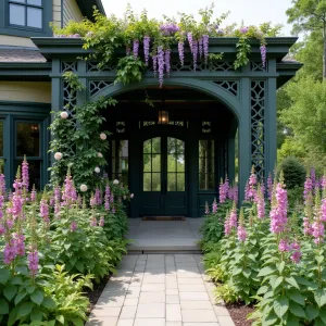 Gothic Revival Latticework - An elegant patio cover featuring intricate wooden lattice work inspired by Gothic architecture, painted in deep verde gris. Maryland climbing roses and purple wisteria adorn the structure, while beds of foxglove and hollyhocks create vertical interest.