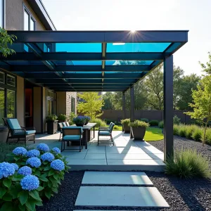 Gradient Glass Panel Sanctuary - A sophisticated patio cover featuring graduated colored glass panels from deep blue to clear, creating amazing light effects throughout the day. Surrounded by blue hydrangeas, delphinium, and Russian sage, with polished black pebble groundcover.