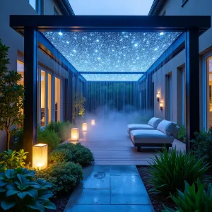 Holographic Rain Curtain - A futuristic patio cover featuring holographic projectors creating the illusion of perpetual rainfall without water. The structure is surrounded by moisture-loving Blue Angel Hosta, Japanese Painted Fern, and Crystal Falls Grass, with illuminated fog generators creating a misty atmosphere.