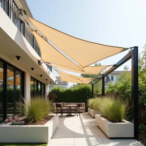 Industrial Steel and Canvas Shade Sail - Multiple overlapping triangular canvas shade sails in cream color, suspended from powder-coated steel posts. The modern patio features concrete planters with ornamental grasses and succulents, creating a contemporary urban oasis.