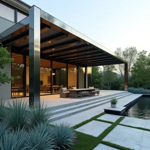 Infinity Mirror Pergola - A futuristic patio cover design incorporating mirrored stainless steel beams and translucent smoky glass panels creating an illusion of infinite reflection. Surrounded by metallic-leaved Dichondra 'Silver Falls', Japanese Silver Grass, and Blue Star Fescue in brushed steel planters.