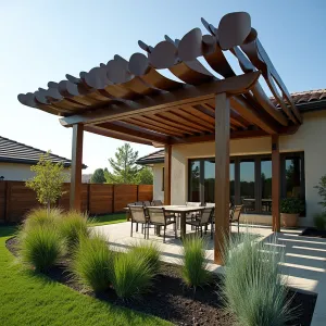 Kinetic Wind Sculpture Canopy - A dynamic patio cover featuring rotating metal panels that move with the wind, creating ever-changing patterns of light and shadow. Mexican Feather Grass, Windmill Palm, and Blue Arrows Rush provide complementary movement in the garden below.