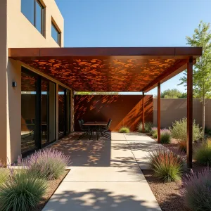 Laser-Cut Corten Screen Pavilion - A dramatic patio cover featuring laser-cut Corten steel panels with intricate botanical patterns, creating ever-changing shadow plays. Mexican Bush Sage, Kangaroo Paw, and Red Yucca provide complementary rusty tones in the garden.