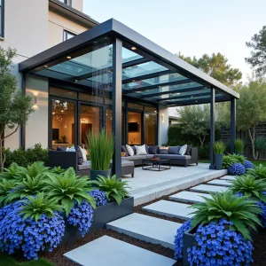 Layered Glass Waterfall Shelter - A sophisticated multi-level patio cover featuring cascading glass panels creating a waterfall effect, with brushed steel supports and integrated rainfall capture system. Surrounded by a collection of Blue Runner Hosta, Japanese Painted Ferns, and cascading Blue Wave Petunias in modern charcoal planters, creating a cool, refreshing atmosphere.