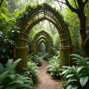 Living Bamboo Cathedral - Living bamboo poles are trained to create gothic arch formations, tied with natural fiber rope. Giant Chain Fern and Tassel Fern create a prehistoric understory, while climbing Chocolate Vine adds delicate blooms overhead.