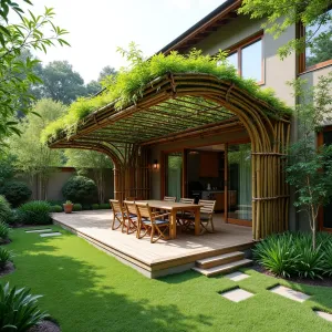 Living Bamboo Wave - A unique patio cover created from living bamboo poles bent and secured in wave-like formations, with clear polycarbonate panels providing weather protection. Features Mountain Bamboo, Japanese Forest Grass, and Green Carpet Rupturewort creating a lush Asian garden setting.