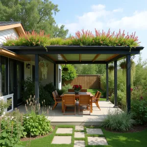 Living Green Roof Structure - An eco-friendly patio cover with a living roof system planted with sedums and native wildflowers. Clear polycarbonate panels allow light through while supporting the green roof, with hanging String of Pearls and Lipstick Plants cascading from the edges.