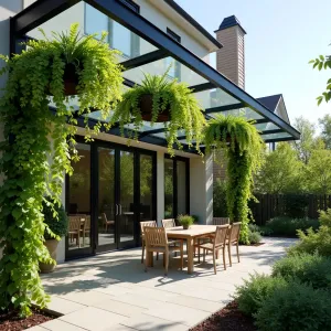 Living Wall Rain Screen - A innovative patio cover combining clear polycarbonate panels with integrated living wall sections, featuring trailing plants that create natural curtains. Philodendron Brasil, Boston Fern, and String of Hearts cascade from overhead planters.