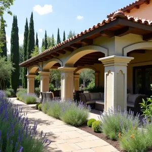 Mediterranean Stone Arcade - A substantial patio cover featuring limestone columns and arches with antique terracotta roof tiles. Italian cypress, olive trees, and sprawling bougainvillea create a Mediterranean atmosphere, while lavender and santolina form fragrant borders.