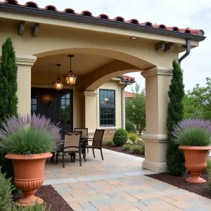 Mediterranean Villa Canopy - An elegant alumawood patio cover with arched details and decorative end cuts in sandy beige, featuring vintage-style pendant lights. Italian Cypress, Trailing Rosemary, and Purple Fountain Grass create a Mediterranean atmosphere in terracotta urns.