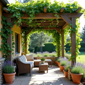 Mediterranean Vine-Covered Arbor - A rustic wooden arbor with weathered posts and crossbeams, completely draped in mature grapevines providing natural shade. Terra cotta pots with lavender and rosemary line the patio edges, with comfortable wicker seating underneath.