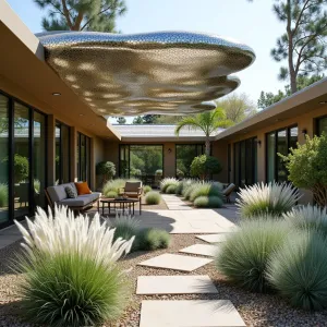 Mirrored Mosaic Cloud - A floating patio cover composed of mirrored mosaic tiles arranged in cloud-like formations, reflecting light and movement throughout the space. White Gaura, Mexican Feather Grass, and Diamond Frost Euphorbia create an ethereal garden beneath.