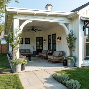 Modern Farmhouse Shelter - A charming alumawood patio cover combining traditional farmhouse elements with modern details, finished in crisp white with black accents. Features climbing Confederate Jasmine, bordered by Russian Sage and Knockout Roses in galvanized metal troughs.