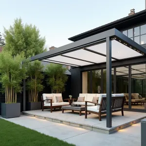 Modern Pergola with Retractable Canopy - A sleek aluminum pergola with a white retractable canopy covering a contemporary patio space, featuring climbing wisteria vines, modern outdoor furniture, and integrated LED lighting strips along the beams. The space is bordered by tall bamboo plants in modern planters.