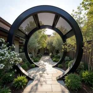 Moongate Shadow Screen - A contemporary interpretation of a traditional Chinese moongate, featuring a circular patio cover with radiating steel beams and perforated metal screens. Star Jasmine climbs the support posts, while Chinese Fringe Flower and Dwarf Bamboo create Asian-inspired landscaping.