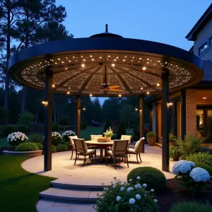 Moonlight Shadow Play Structure - A circular patio cover with perforated aluminum panels featuring constellation patterns that create starlike shadows by day and illuminate with embedded fiber optics by night. White Evening Primrose, Silver Moon Hydrangea, and Night Blooming Jasmine add nocturnal garden interest.