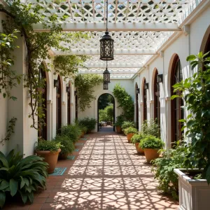 Moroccan-Inspired Lattice Cover - An intricate wooden lattice patio cover with Moroccan geometric patterns, painted in white. Bougainvillea and jasmine vines weave through the structure, with colorful mosaic tiles and lanterns adding authentic charm.