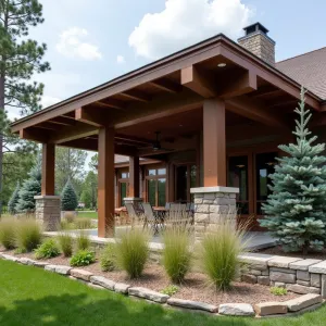 Mountain Vista Beam Structure - A robust alumawood patio cover with exposed architectural beams in deep bronze, featuring integrated heaters and fans. The surrounding landscape includes Karl Foerster Grass, Dwarf Mugo Pine, and Blue Wonder Spruce in raised stone planters, creating a mountain lodge atmosphere.