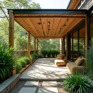 Musical Wind Garden Shelter - An artistic patio cover incorporating tuned wind chimes and hollow bamboo poles that create melodic sounds with passing breezes. Wind-activated kinetic sculptures move among stands of Giant Japanese Forest Grass, Dancing Wind Bamboo, and Musical Notes Plant.