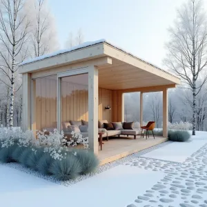 Nordic Pine Rain Shelter - A minimalist Scandinavian-style shelter constructed from light pine beams with clear acrylic panels and integrated guttering system. White birch trees provide backdrop, with containers of white astilbe and blue fescue grass creating a cool, northern atmosphere.