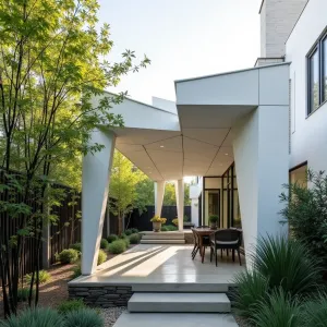 Origami-Inspired Folded Planes - A sculptural patio cover composed of folded aluminum panels in an origami-inspired design, painted stark white. Chinese paper bush, Japanese forest grass, and black bamboo create strong textural contrasts, while stone water features add tranquil sounds.