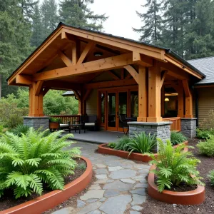 Pacific Northwest Cedar Haven - A robust cedar-built covered space with dramatic sloped roof and rain gardens surrounding the perimeter. Features western sword ferns, bleeding hearts, and native salal plants in raised copper-trimmed beds.