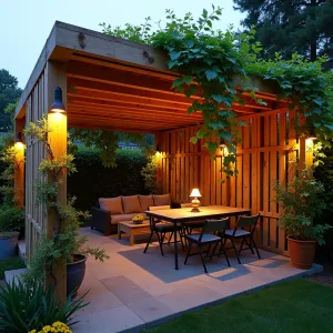 Recycled Wood Pallet Shade Structure - An innovative patio cover constructed from repurposed wooden pallets, creating a slatted roof effect. Morning glory and trumpet vine climb the structure, while recycled wine bottle lights provide evening ambiance.