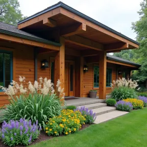 Prairie Style Timber Frame - A Frank Lloyd Wright-inspired horizontal timber frame structure with deep overhanging eaves and built-in planters. Featured plants include native Prairie Dropseed grass, Purple Coneflowers, and Black-Eyed Susans.