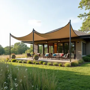 Prairie Wind Canopy - A dynamic patio cover featuring flexible steel rods supporting tensioned fabric panels that move gently in the breeze. The prairie-style garden includes Switchgrass, Little Bluestem, and Prairie Blazing Star, creating movement and seasonal interest.