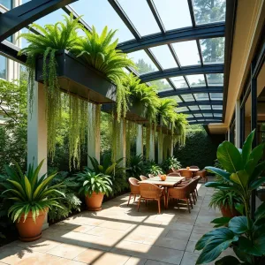 Rain Forest Canopy Walk - An elevated patio cover system inspired by rainforest canopy walks, featuring multiple levels of clear polycarbonate roofing with integrated planters. Tropical specimens including Tree Ferns, Bird's Nest Fern, and Hanging Heliconia create a lush overhead garden.