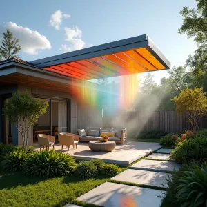 Rainbow Mist Cooling Canopy - A high-tech patio cover featuring micro-misting systems that create rainbow effects when hit by sunlight. The structure includes prism panels that amplify the rainbow effect, while Rainbow Shower Tree, Spectrum Sundrop, and Pride of Madeira create coordinating color below.